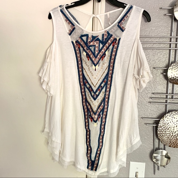 Free People cut out shoulders bohemian print top S - Picture 1 of 5
